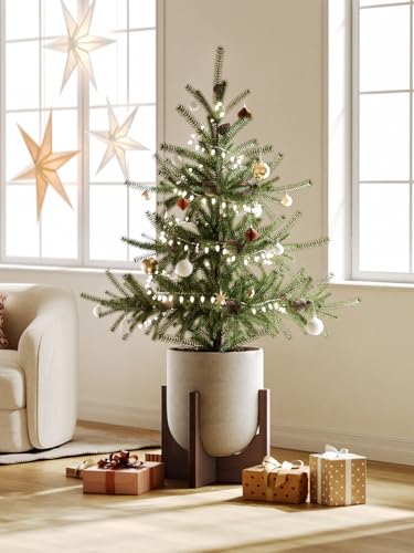 LE TAUCI 12 Inch Ceramic Planter with Acacia Wood Stand, Neutral Gray - color: Neutral Gray, size: 12 Inch