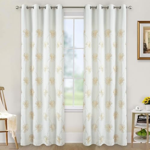 VOGOL Floral Embroidered Curtains 84 Inches Length, White Linen Textured Thick Drapes for Home Office, 2 Packs View Reducing Grommet Curtain Panels for Living Room, 52 x 84 - color: White, size: 52"W x 84"L (Pack of 2)