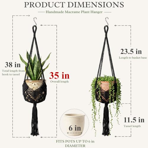 Boho Macrame Plant Hanger with Hooks, Rope Hanging Baskets for Plants - color: Black 2pack Pots Not Included