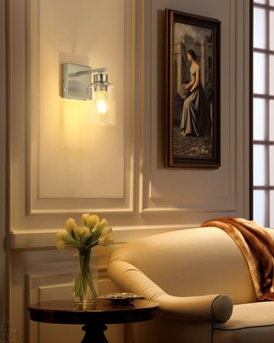 Rayogale Wireless Battery Operated Wall Sconce Set of 2 with Remote Control | Nickel Dimmable Rechargeable Wall Lights with Timer, Easy Install Glass Lamp for Living Room Bedroom, Emergency 3000K - color: Nickel(Clear Lampshades)