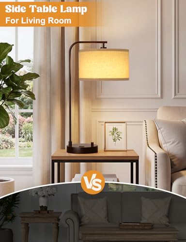 20.7" Tall Table Lamp with USB & Outlet, Fully Dimmable Nightstand Lamp - color: E-Beige Shade & Brown Base