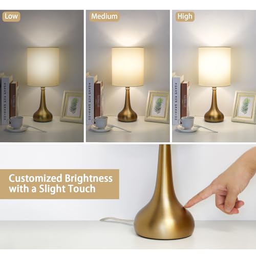 Set of 2 Bedside Touch Lamps, 16 Inch Dimmable Small Nightstand Lamp, Night Light Lamp Simple Touch Table Lamp with Brass Metal Base for Living Room Bedroom Office, A19 3000K Led Bulb Included - color: Brass