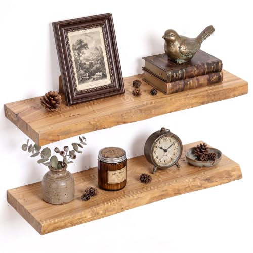 24in Live Edge Solid Elm Floating Shelves, Natural, Set of 2 - color: Natural Color, size: Live Edge 24 inch, 2Packs