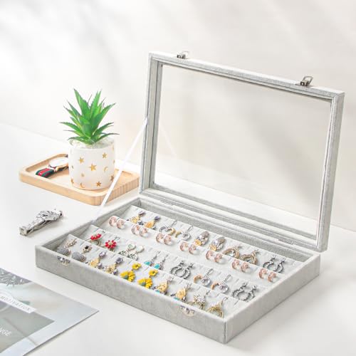 Coward Earring Organizer Tray Box, Grey Beige Velvet Earring Jewelry Display Storage Tray Case with Transparent Glass Lid for Home Drawer or Shop Selling - color: Grey Beige Velvet, size: Earring Box
