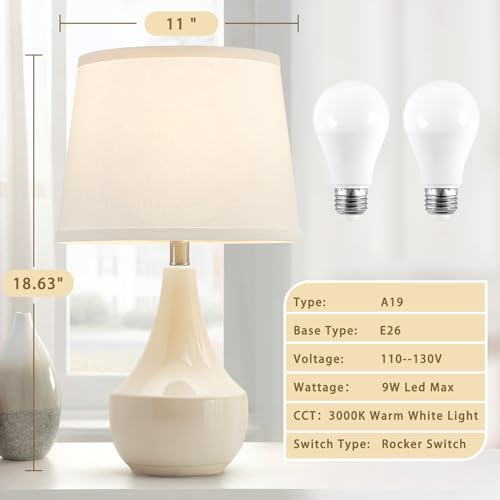 GyroVu 18" Table Lamp Set of 2, Ceramic Table Lamp Classic Beside Lamps Nightstand Lamp Modern Lamp for Living Room, Bedroom & Office Rocker Swtich Cream-LED Bulbs Included - color: 18.63" Ceram