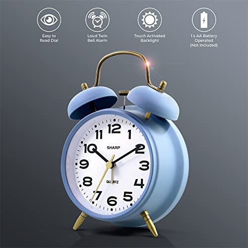 Sharp 4-Inch Twin Bell Alarm Clock for Heavy Sleepers, Cornflower Blue - color: Matte Ice Blue