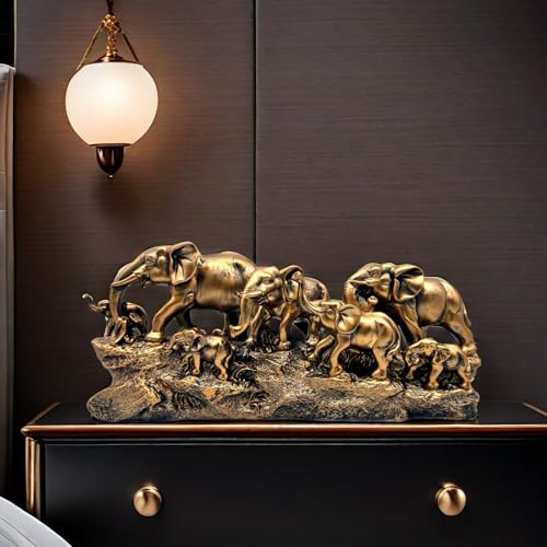 7 Elephants Herd with Babies Statue Elephant Family Frgurines Sculpture for Home Office Living Room Desktop Decoration Figurines Indoor Feng Shui Decor (Bronze) - color: Bronze