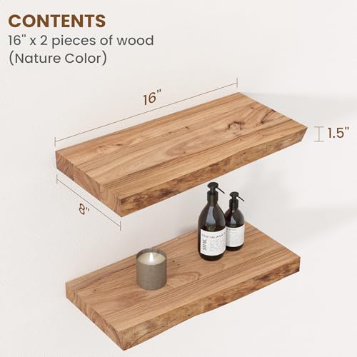 Floating Shelves for Wall Decor, Rustic Solid Elm Wood Live Edge Floating Shelves Wall Mounted, Wall Shelves with Invisible Bracket for Living Room Bathroom Bedroom Kitchen, 16 Inch Set of 2, Natural - color: Natural, size: Live Edge, 16inch, 2Packs