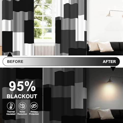 95% Blackout Curtains for Bedroom 63 Inch Long 2 Panels Set Black Grey White Modern Abstract Geometric Black Out Curtains Insulated Room Darkening Window Drapes for Living Room, 52Wx63L - color: 01 Grey, size: 52"W x 63"L (Pack of 2)