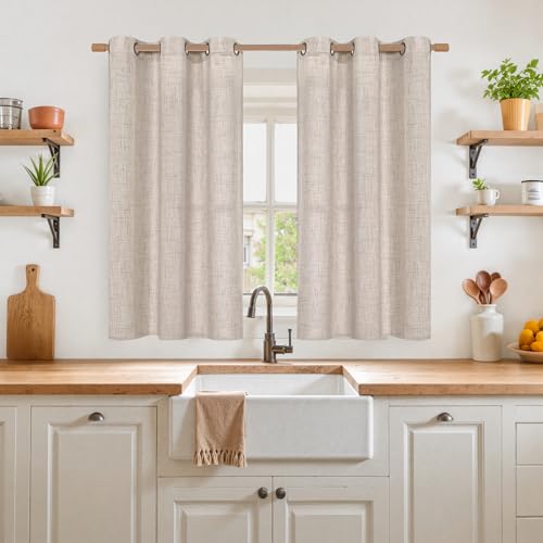 YoungsTex Linen Semi Sheer Curtains 45 Inch Length 2 Panels with Grommet - color: Natural, size: 42"W x 45"L (Pack of 2)