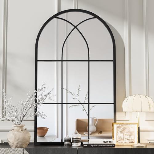 Rowjut Arched Top Window Glass Wall Mirror 42" x 24" Black Iron - color: Black-qm, size: 42"L x 24"W