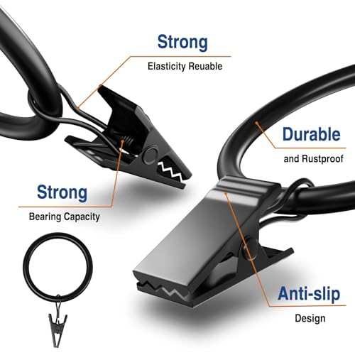 Lansian 72 Pack Curtain Rings with Clips Hooks 1 in Diameter Rustproof - color: Black, size: 1"Inner Dia, 72Pack