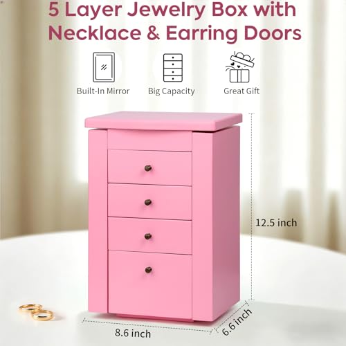Meangood Jewelry Box Jewelry Organizer, 5-Layer Wooden Jewelry Organizers and Storage Boxes for Women Girls, Ring Earring Bracelet Necklace Holder Organizer with Mirror & Drawers (Pink) - color: Pink, size: 3-Drawer