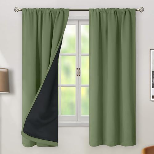 BGment 100% Blackout Curtains 63 Inch Length with Black Liner, Grass Green - color: Grass Green, size: 38"W x 63"L (Pack of 2)
