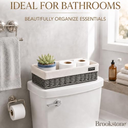 Brookstone Over the Toilet Tank Wicker Storage Basket, Bathroom and Closet Organizers and Storage Bins with Fabric Liner, Grey, 2 Pack Set - color: Grey Two Pack with Liner
