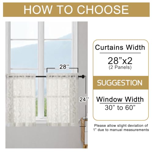 OWENIE Leyna Ivory Sheer Curtain 24 Inch Length Cafe Curtains 2 Panels - color: Ivory, size: 28"W x 24"L (Pack of 2)
