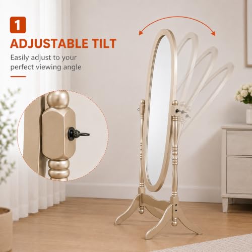 Cheval Mirror Full Length Floor Mirror with Stand, Adjustable Oval Wood Standing Mirror, Freestanding Dressing Mirror for Bedroom, Living Room and Dressing Area (Gold) - color: Gold