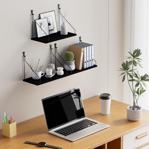 QsQueen Floating Shelves for Wall, Rustic Wood Shelf,11.8 Inch, No Drill - color: Black