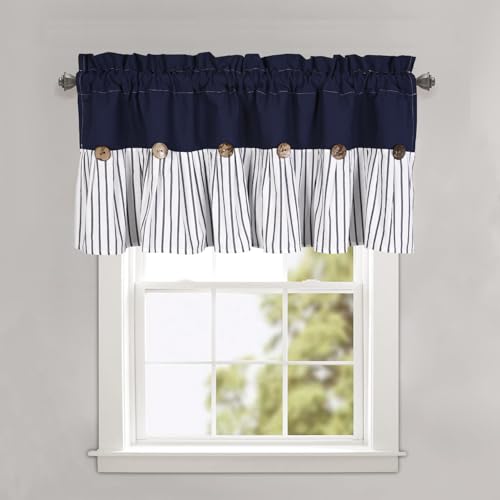 DOSLY Ides Farmhouse Navy Blue Button Valance, Striped Pleated Design with Coconut Buttons, Window Treatment for Kitchen Living Room Bedroom, 52" W x 18" L - color: Navy & Navy Stripe, size: 52"W x 18"L (Pack of 1)