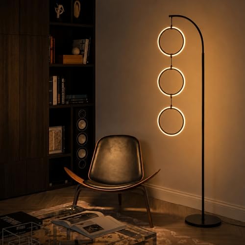 Brightech 3-Ring Modern Floor Lamp Matches Living Room Décor - Contemporary Arc Tall Lamp with 3-Circle Ring-Style Pendant - Over The Couch Standing on Arching Pole - Eclectic- Black - color: Black