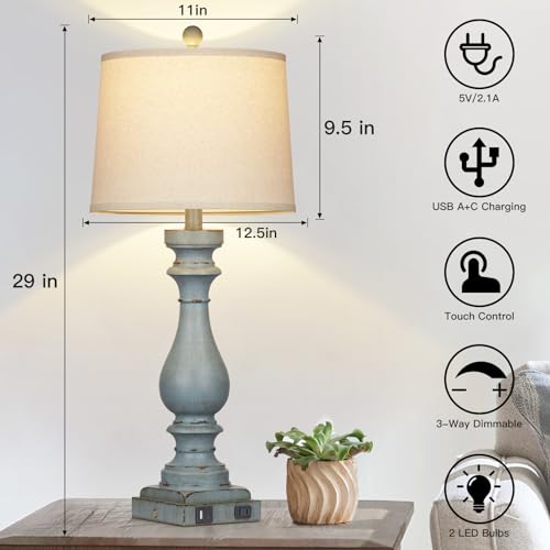 Cinkeda 29" Tall Table Lamp for Living Room Set of 2,Coastal Bedside Nightstand Lamps with USB C+A Ports & AC Outlet,3-Way Dimmable Touch Control Retro Blue Desk Lamp for Bedroom,Color 3 - color: Retro Blue
