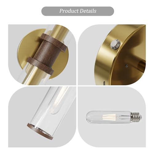 Rayogale Gold & Walnut Wireless Battery Operated Wall Sconces with Remote - color: Gold & Walnut(Clear Tubular Lampshade)
