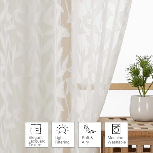 OWENIE Leyna 2 Panels Sheer Ivory Curtains 45 Inch Length, Jacquard Clip Textured Semi Small Window Curtain for Bedroom Living Room, Farmhouse Rod Pocket Leaves Drapes, 40Wx45L Inches - color: Ivory, size: 40"W x 45"L (Pack of 2)