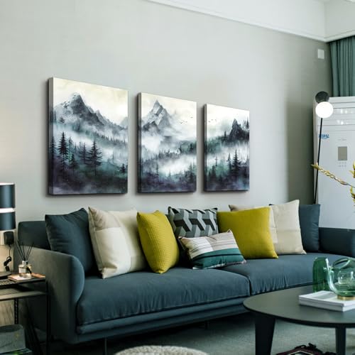 TTHYUEWS Canvas Wall Decor For Bedroom & Living Room - Modern Office Decoration - Misty & Fog Mountain Forest Wall Painting Landscape - 3 Piece, 16"X24" - color: Foggy Forest Wall Paintings, size: 16x24inches*3pcs