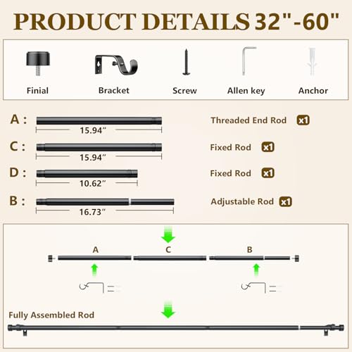 2 Pack Curtain Rods for Windows 32-60 Inch, 1 Inch Adjustable Black Curtain Rod Set with Brackets, Easy Install - color: Black, size: 32"-60"/2 Pack