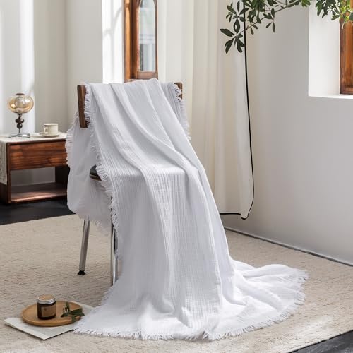 FOSSA Muslin Blanket 4-Layer 100% Cotton Gauze Blanket with Fringe 90"x90" - color: Bright White, size: Queen (90" × 90")