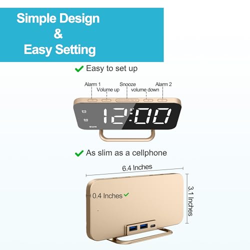 Slim LED Digital Alarm Clock, Mirror Surface for Makeup, with Diming, Large Display, Easy Setting, USB Charger Ports, Modern Bedroom, Desk, Office Living Room Decor, Christmas Birthday for Women Girl - color: Gold