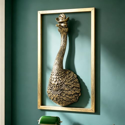 Exquisite Resin Animal Head Wall Sculpture Big bird (Gift Metal Frame) - Desert ostrich Imitation Copper Vintage Decor for Living Room, Bedroom & Office | Decorative Wall Hanging Art ( Ostrich ) - color: Bronze Ostrich