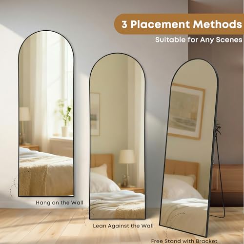 64"x21" Inch Full Length Mirror with Stand, Arched Aluminum Frame Wall Mirror & Freestanding Hanging Mounted Mirrors, Tempered Glass Full Body Mirrors for Bedroom, Living Room Decor,Black - color: Arch-black, size: 64"L x 21"W