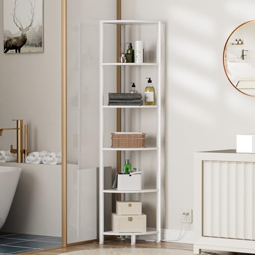 Furnulem 6 Tier Corner Shelf with LED Light, 67.5" White Narrow Bookshelf - color: White