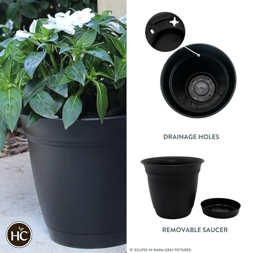 The HC Companies Eclipse Round Planter with Saucer - Outdoor & Indoor Plant Pot with Drainage Holes - Lightweight, UV-Resistant Plastic Pots for Plants, Flowers & Herbs (16" Black, Pack of 1) - size: 16"