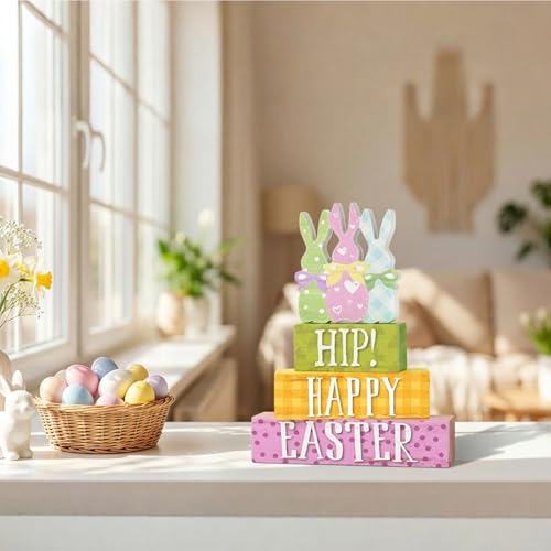 Smile Wooden Easter Decoration Sign, "Hip! Happy Easter" Wooden Block Stack with Bunny Silhouettes, Pastel Tiered Tabletop Decor for Spring & Easter - style: Retro Bunny