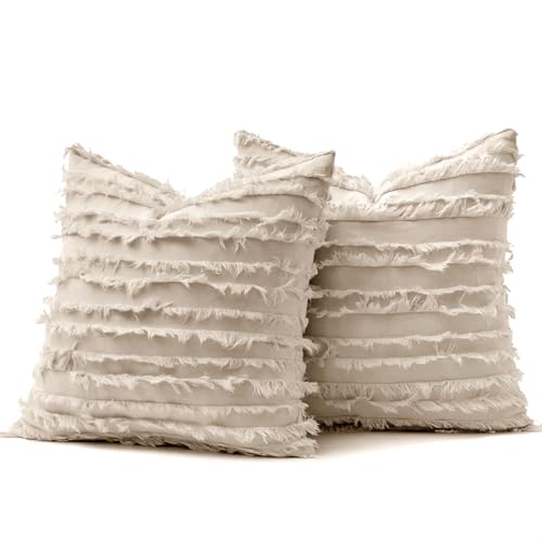 MIULEE Boho Linen Striped Throw Pillow Covers 18x18, Neutral Beige - color: Natural Beige, size: 18" x 18" (Pack of 2)