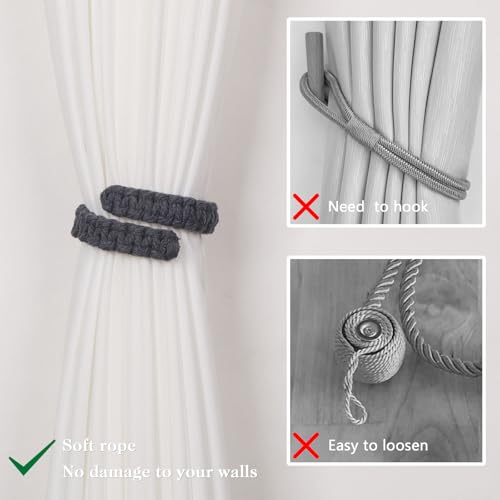 NICEEC 2 Pack Natural Cotton Rope Curtain Tiebacks Farmhouse Rustic Style Decorative Drape Tie Backs Handmade Braided Curtain Holdbacks for Home & Office Sheer/Light Weight Drapery (C-Dark Grey-L) - color: Dark Grey-large, size: 2 Pack