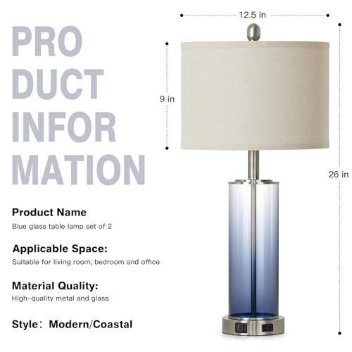 26" Coastal Blue Glass Table Lamps Set of 2, 3-Way Dimmable Touch Control Bedroom Lamp with USB C+A Ports & AC Outlet, Elegant Living Room Lamp, Nautical Bedside Lamps for Nightstand Side End Table - color: Blue