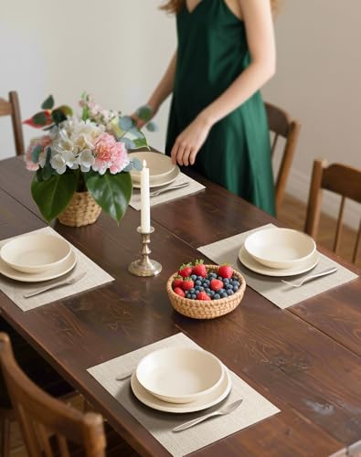 Woven Vinyl Beige Placemats Set of 12, Linen Look & Easy to Clean - color: Beige, size: Set of 12