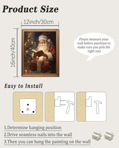 KBKBART Gold Framed Christmas Wall Art, Santa Claus Reading Book Wall Decor - color: Christmas, size: 16"L x 12"W