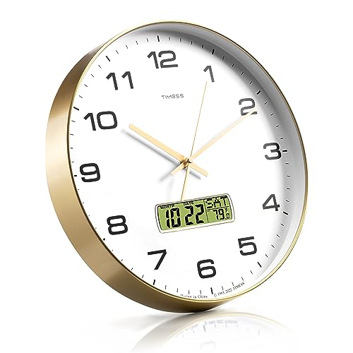 TIMESS Wall Clock, 14" Large Dial Non-Ticking Silent Battery Operated Analog with LCD Display for Perpetual Calendar and F° Temperature, Ideal Modern Home, Bedroom, Office Decor (Gold) - color: Gold, size: 14 Inch