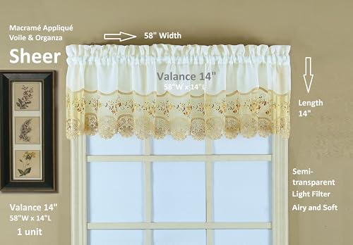 Today's Curtain, Vintage Macramé Organza Valance 14", Ecru/Gold, 58" W x 14" L - color: Ecru/Gold, size: 58"W x 14"L (Pack of 1)