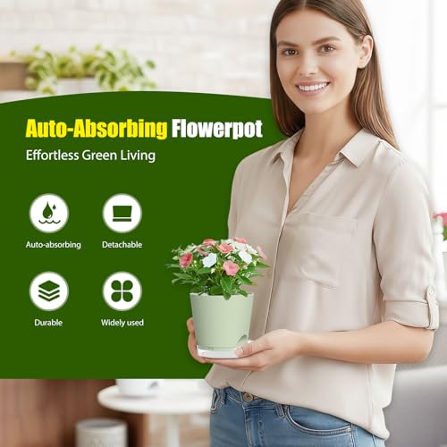 Plant Pots 5 Inch Self Watering Pots,6 Pack Plastic Planters with Drainage Holes and Clear Saucers,Plastic Flower Pots,Nursery Planting Pot for Indoor Out Door Plants (Green) - color: Green, size: 5 inch