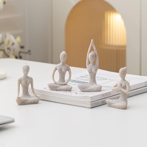 OwMell Lot of 4 Meditation Yoga Pose Statue Figurine Ceramic Yoga Figures - color: Stone