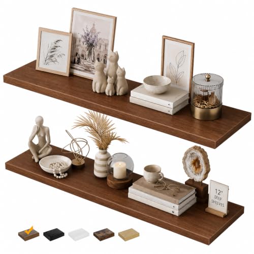RICHER HOUSE 48Inch Long Floating Shelves, 12" Deep Rustic Wood Wall Shelf - color: Walnut, size: 48in