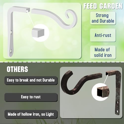FEED GARDEN Heavy Duty Plant Hooks - 2 Pack 6 Inch Wall Mounted Hanging Brackets, 44lb Capacity Steel Plant Hangers for Bird Feeders, Baskets, Wind Chimes - White - color: White, size: 6 Inch