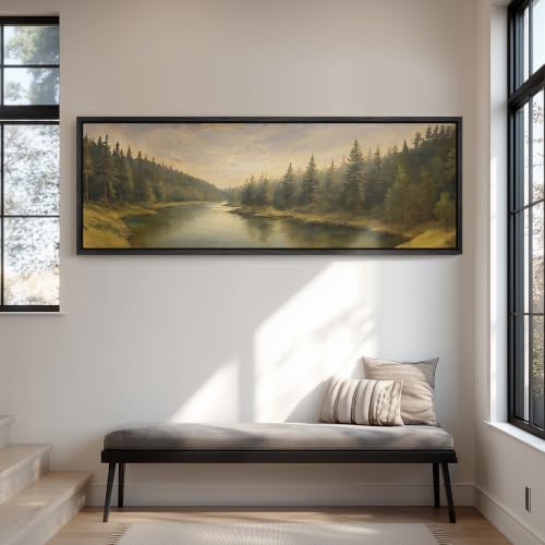 wall26 Large Framed Wall Art Canvas Print - Vintage Pine Forest River Landscape - Contemporary Artwork for Living Room Bedroom Office - 60"x20" Black - color: A07-2607-YUK19, size: 60"L x 20"W, style: Black Frame