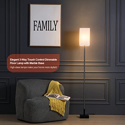 Modern Floor Lamp for Living Room, Tall Black Floor Lamp with Square Linen Shade, Pull Chain Switch and Stable Metal Base, Standing Lamp for Bedroom, Reading Nook and Office, Bulb Included