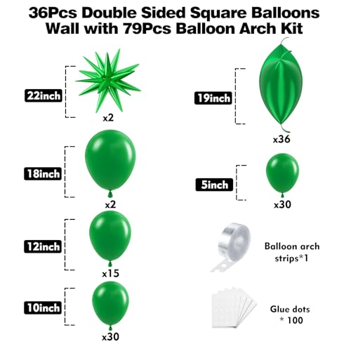 36pcs Green Square Foil Balloons Wall Backdrop with 79pcs Balloon Garland Arch Kit, Double Sided Balloon for Birthday Baby Shower Bridal Shower Anniversary New Year Graduation Decorations - color: Green
